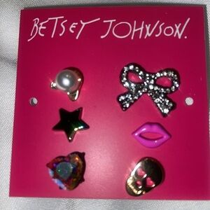 Betsey Johnson 6 pair stud earring set. Skull, crystal heart, star, lips, kitty